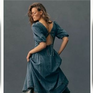 Pilcro Puff-Sleeve Seamed Denim Midi Dress Size S